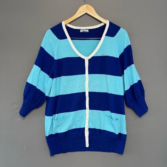 Lacoste Women’s Blue Striped Sweater Size 44 XL 1/4 Button Up - Picture 1 of 13